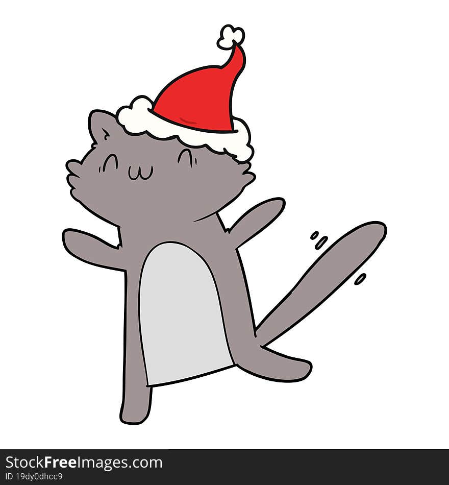 line drawing of a dancing cat wearing santa hat