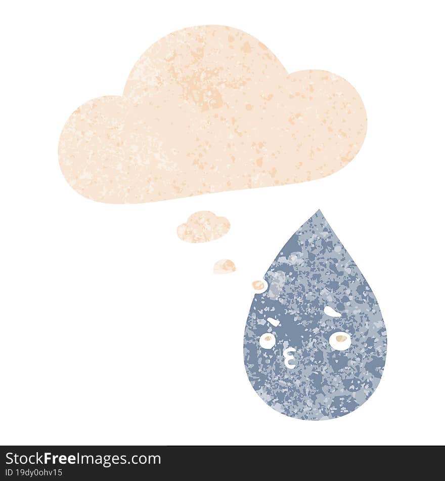 cartoon cute raindrop and thought bubble in retro textured style