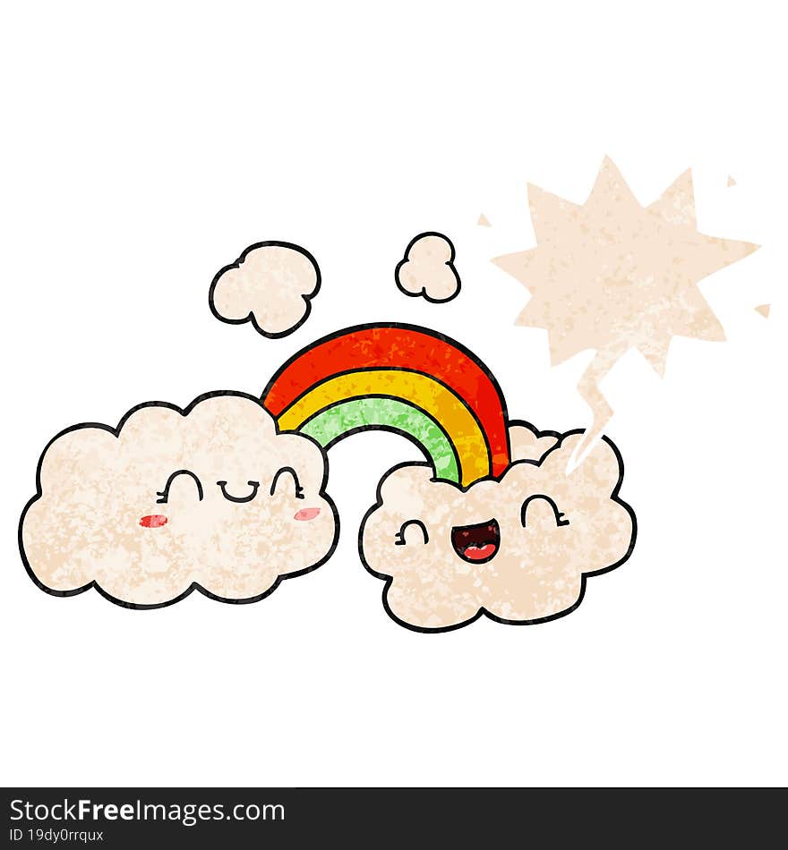 happy cartoon clouds and rainbow and speech bubble in retro textured style