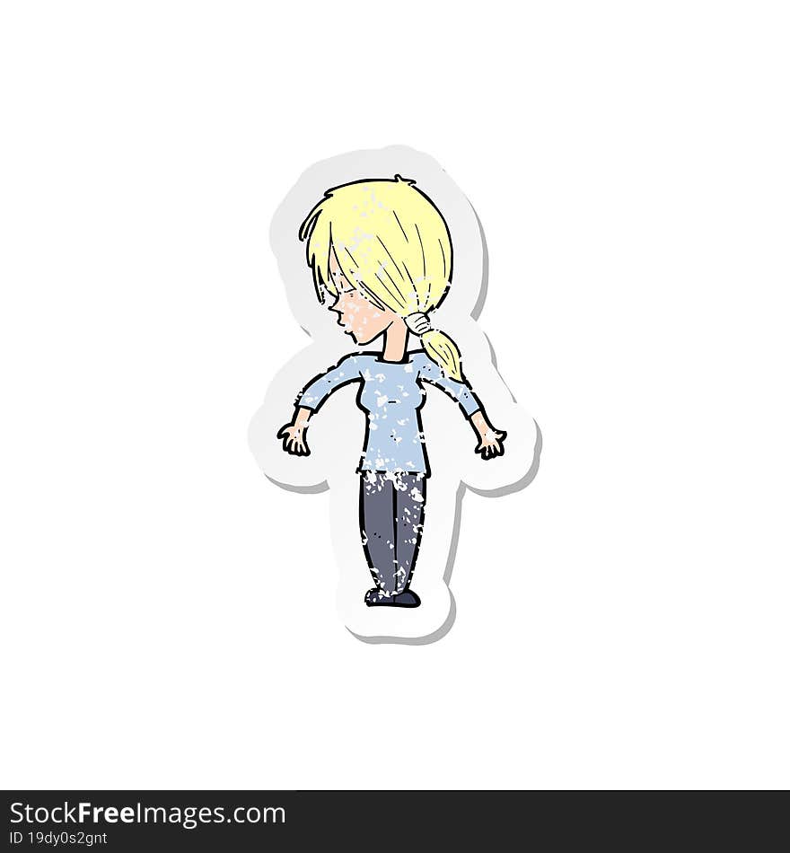 retro distressed sticker of a cartoon woman shrugging shoulders