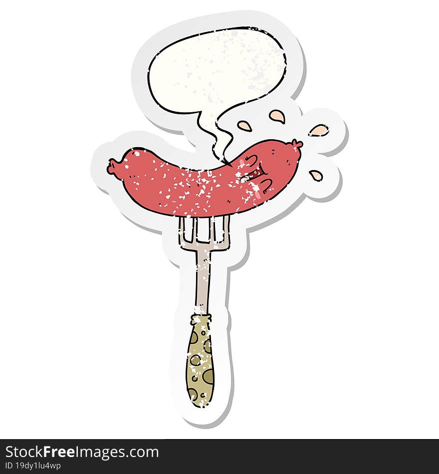 cartoon happy sausage on fork and speech bubble distressed sticker