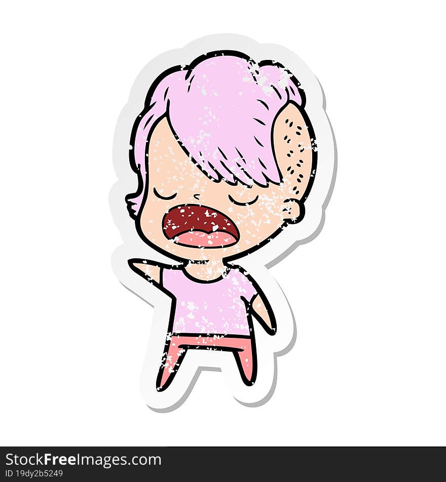 Distressed Sticker Of A Cartoon Cool Hipster Girl Talking