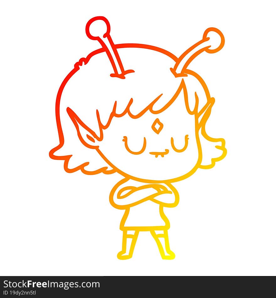 warm gradient line drawing of a cartoon alien girl