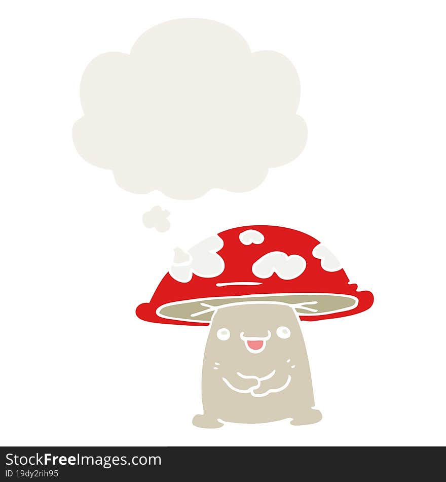 cartoon mushroom character with thought bubble in retro style