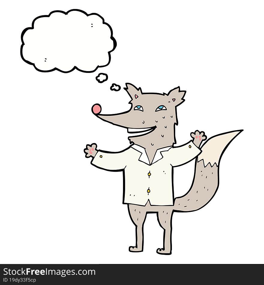 cartoon happy wolf wearing shirt with thought bubble