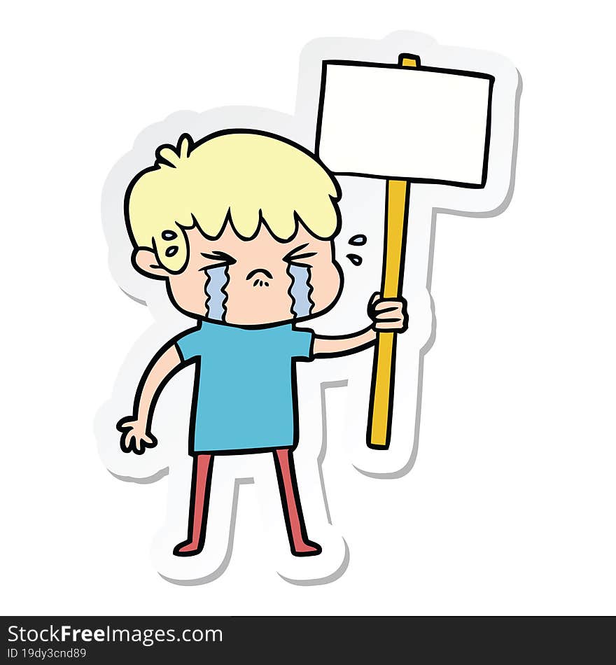 sticker of a cartoon boy crying