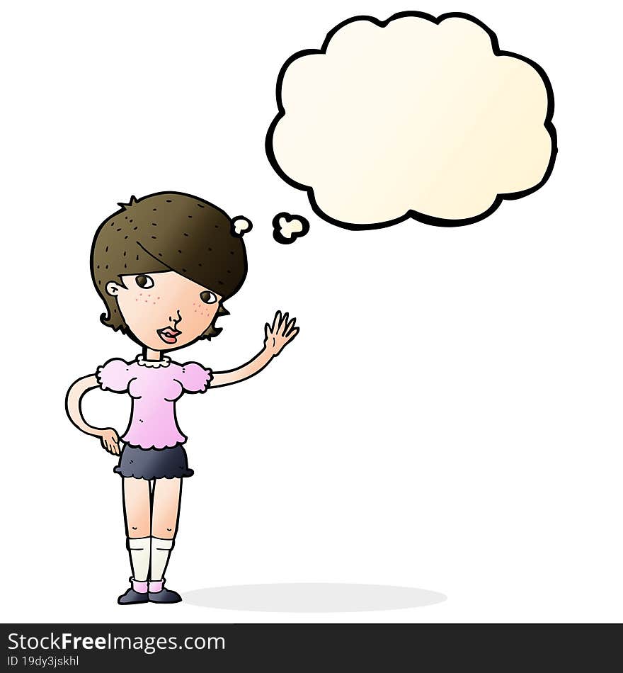 cartoon girl waving with thought bubble