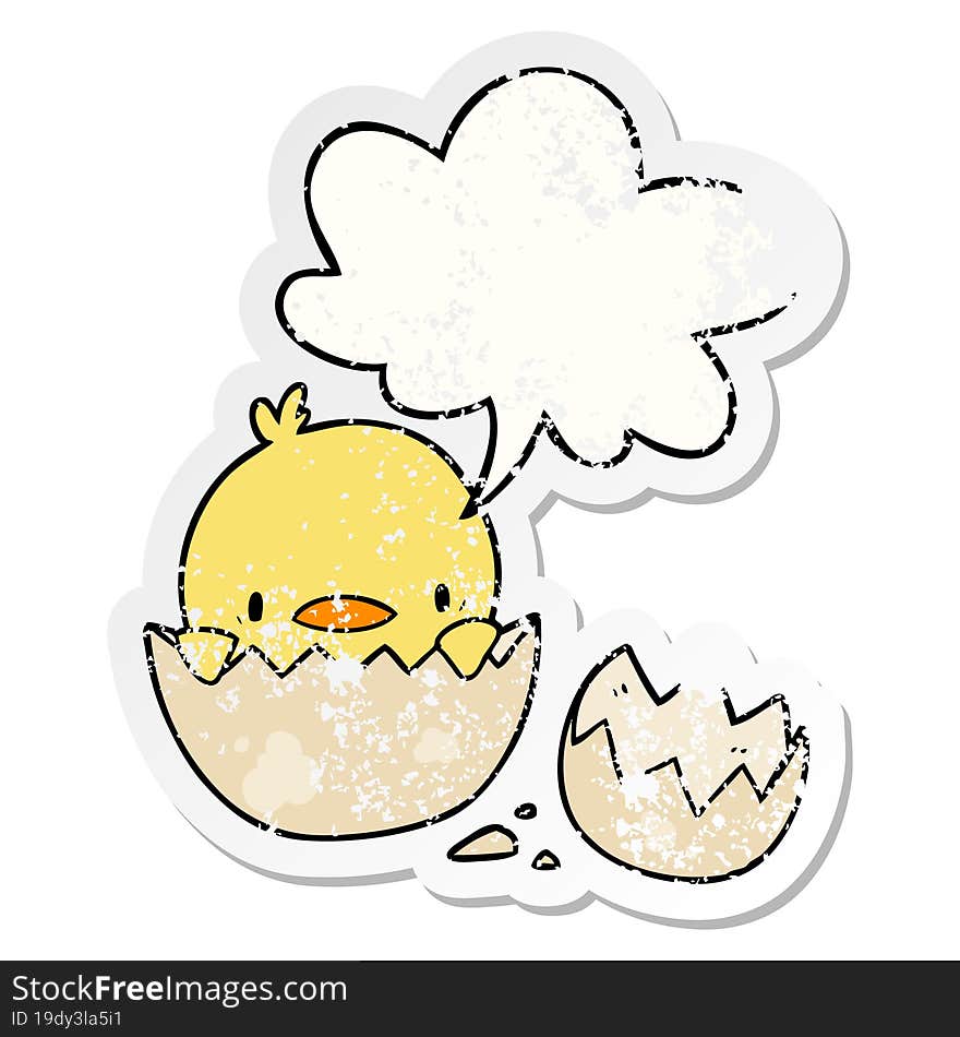 cute cartoon chick hatching from egg with speech bubble distressed distressed old sticker. cute cartoon chick hatching from egg with speech bubble distressed distressed old sticker