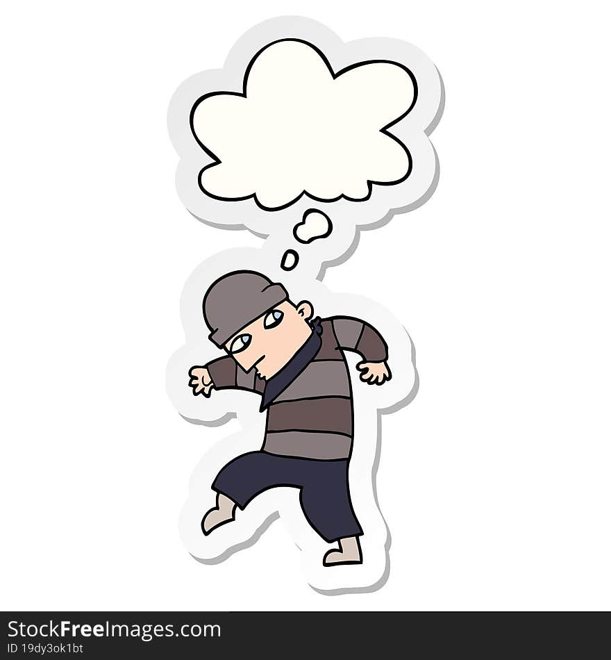 cartoon sneaking thief with thought bubble as a printed sticker