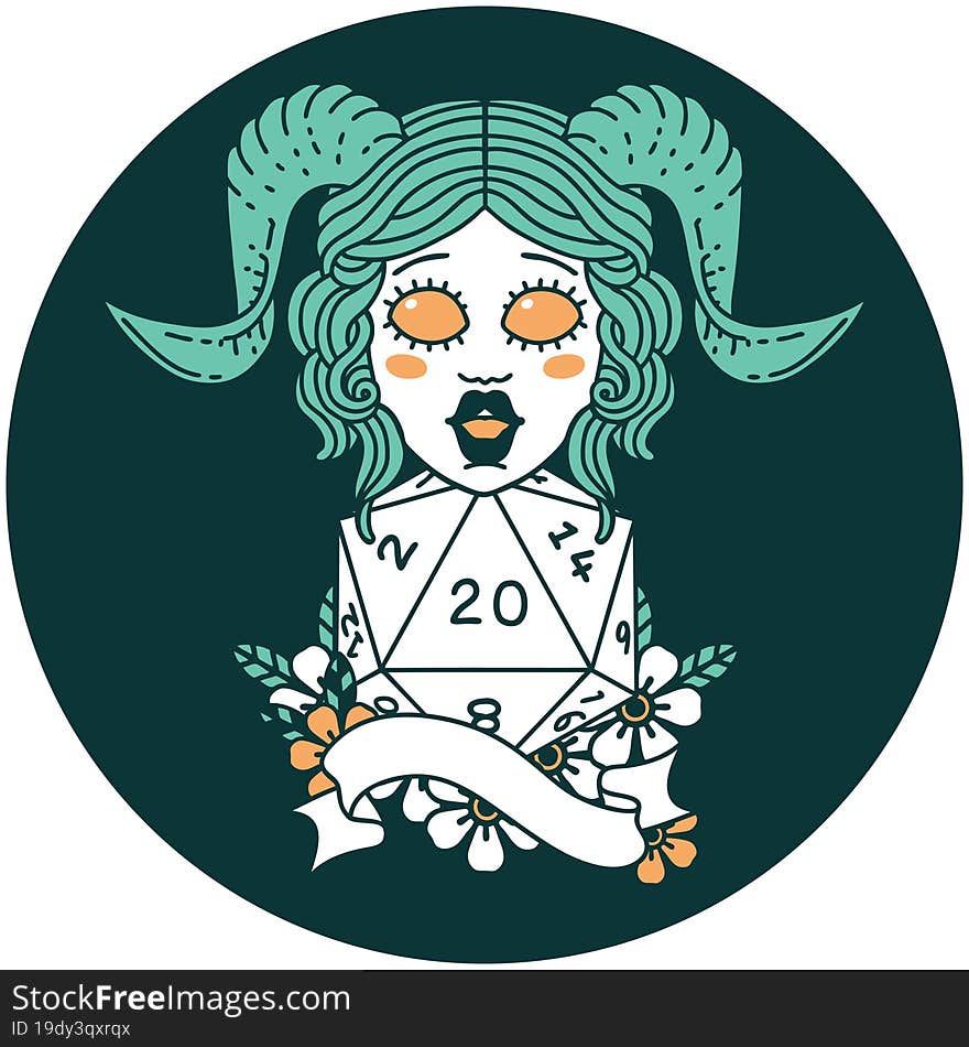 icon of tiefling with natural twenty dice roll. icon of tiefling with natural twenty dice roll