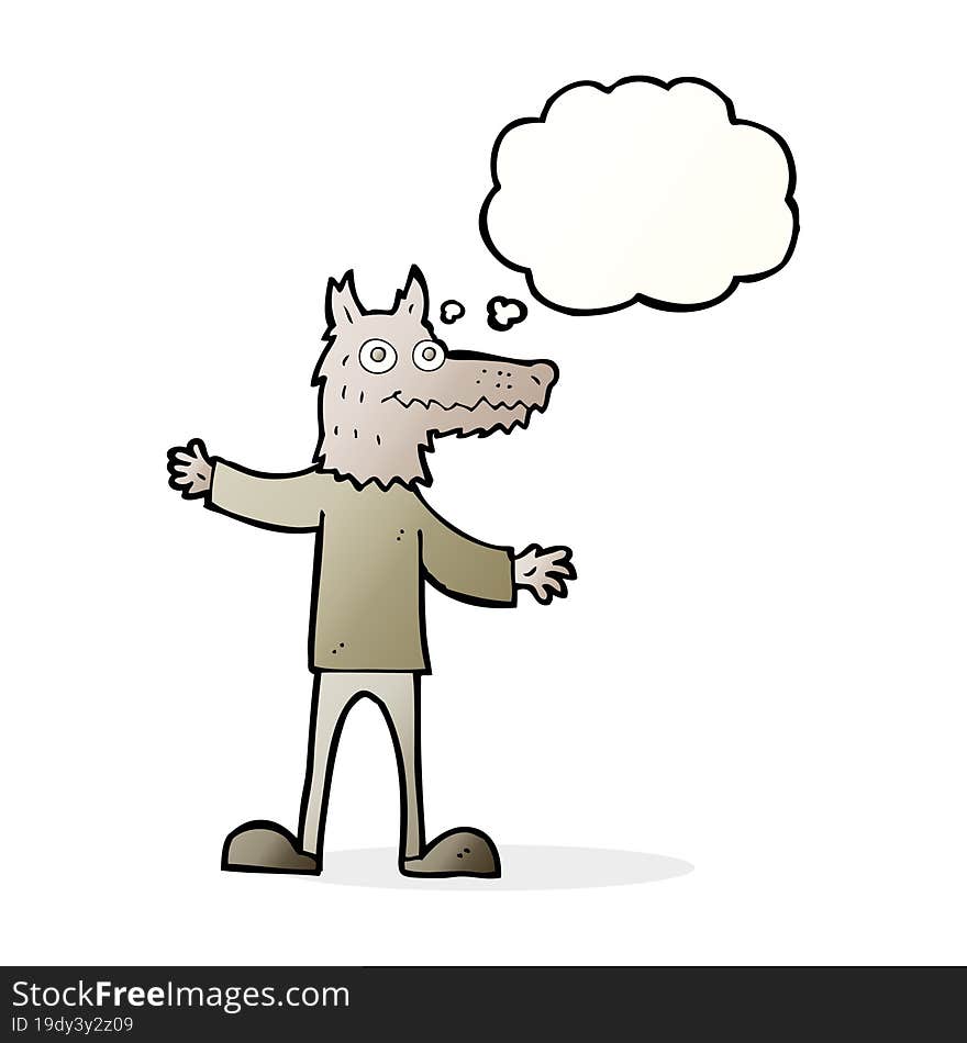 cartoon wolf man with thought bubble