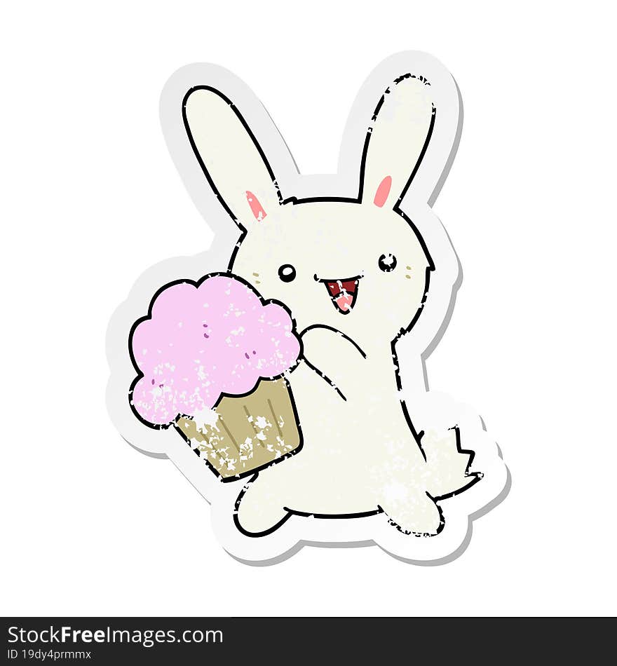 distressed sticker of a cute cartoon rabbit with muffin