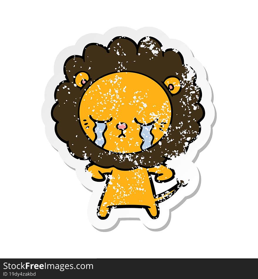 distressed sticker of a crying cartoon lion