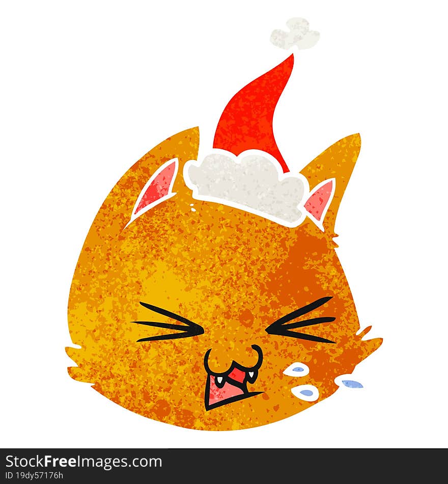 Spitting Retro Cartoon Of A Cat Face Wearing Santa Hat