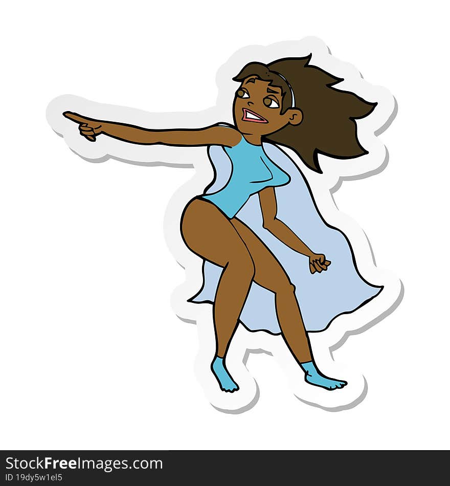 sticker of a cartoon superhero woman pointing