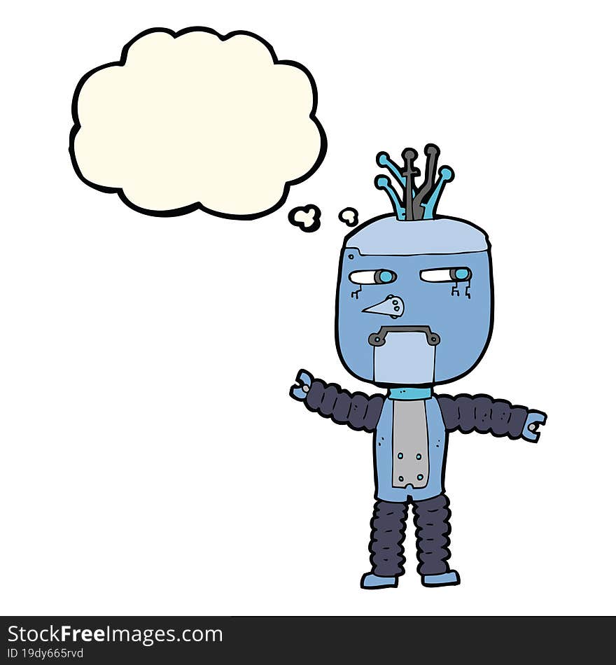 cartoon waving robot with thought bubble