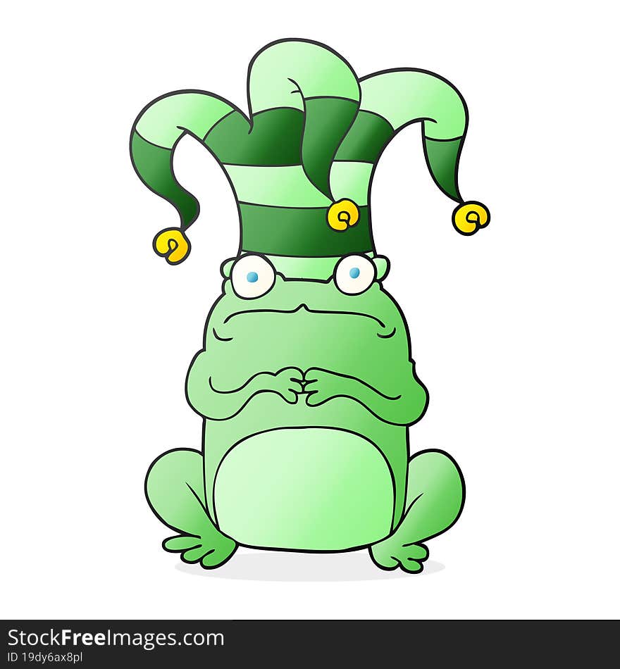 cartoon nervous frog wearing jester hat