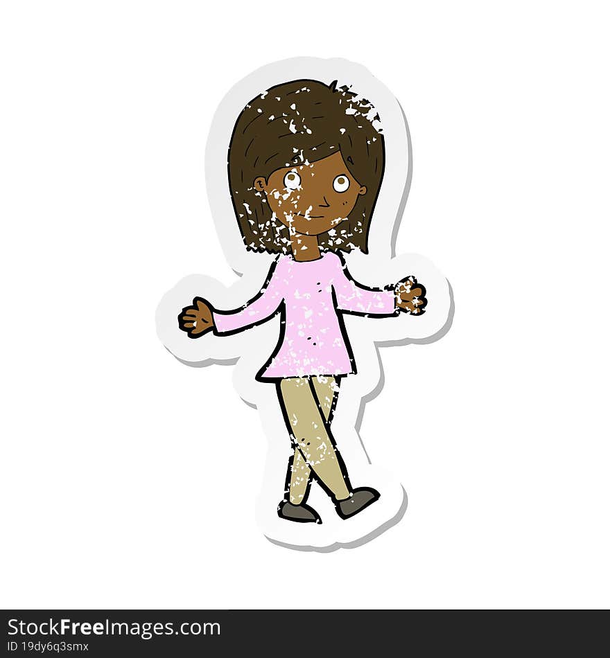 retro distressed sticker of a cartoon woman with no worries