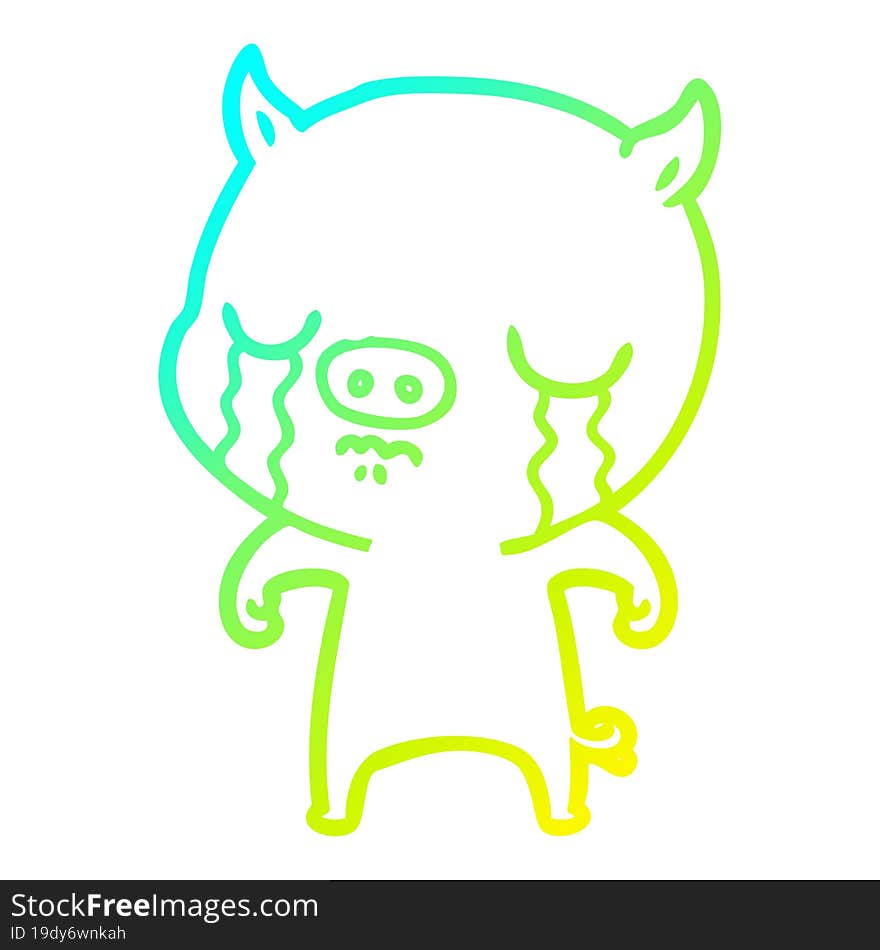 Cold Gradient Line Drawing Cartoon Pig Crying