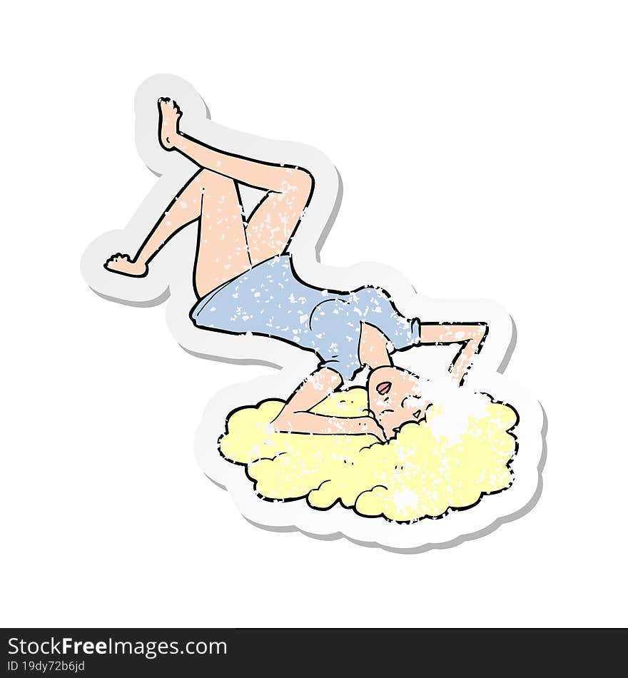 Retro Distressed Sticker Of A Cartoon Woman Lying On Floor