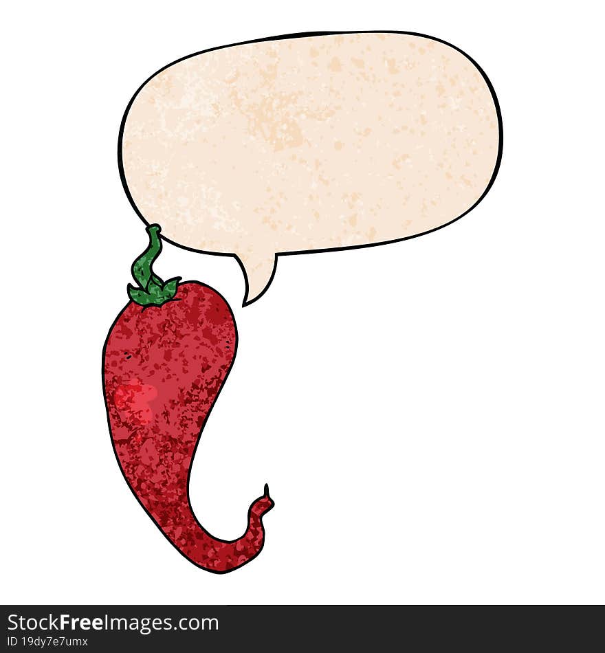 cartoon chili pepper and speech bubble in retro texture style