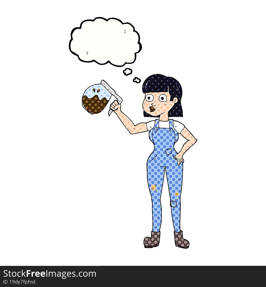 freehand drawn thought bubble cartoon woman in dungarees with coffee