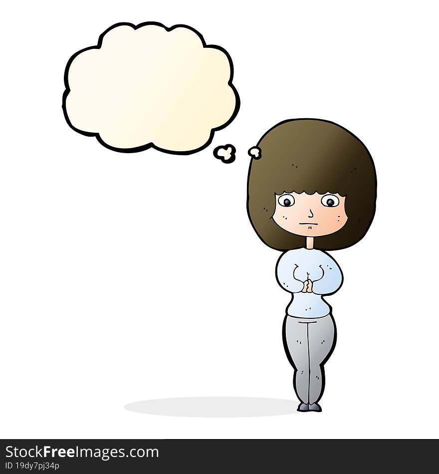 cartoon shy woman with thought bubble