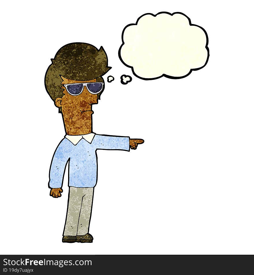 cartoon man in glasses pointing with thought bubble