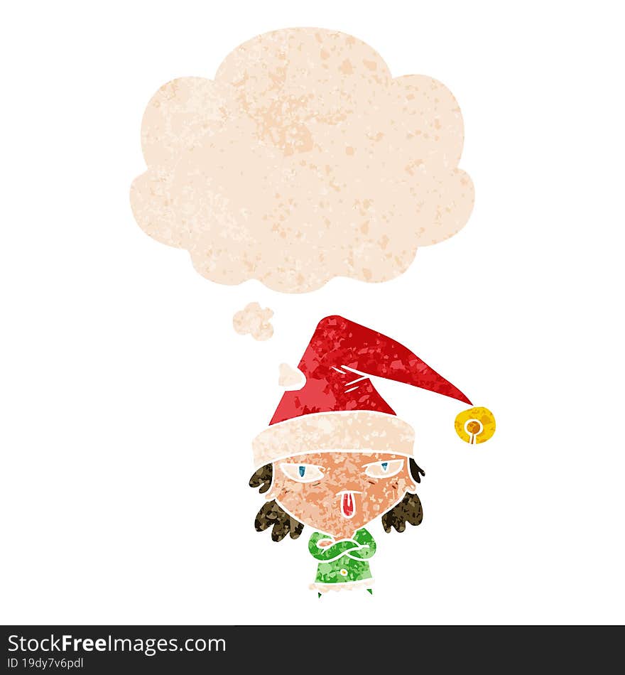 cartoon girl wearing christmas hat and thought bubble in retro textured style