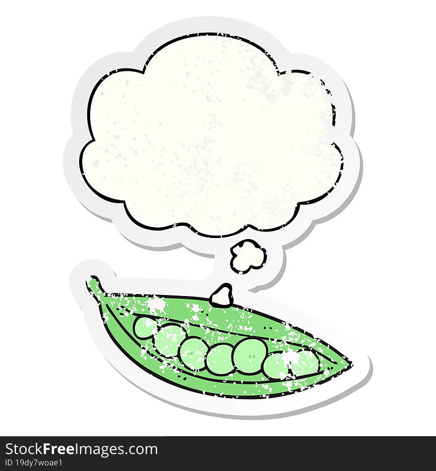 cartoon peas in pod and thought bubble as a distressed worn sticker