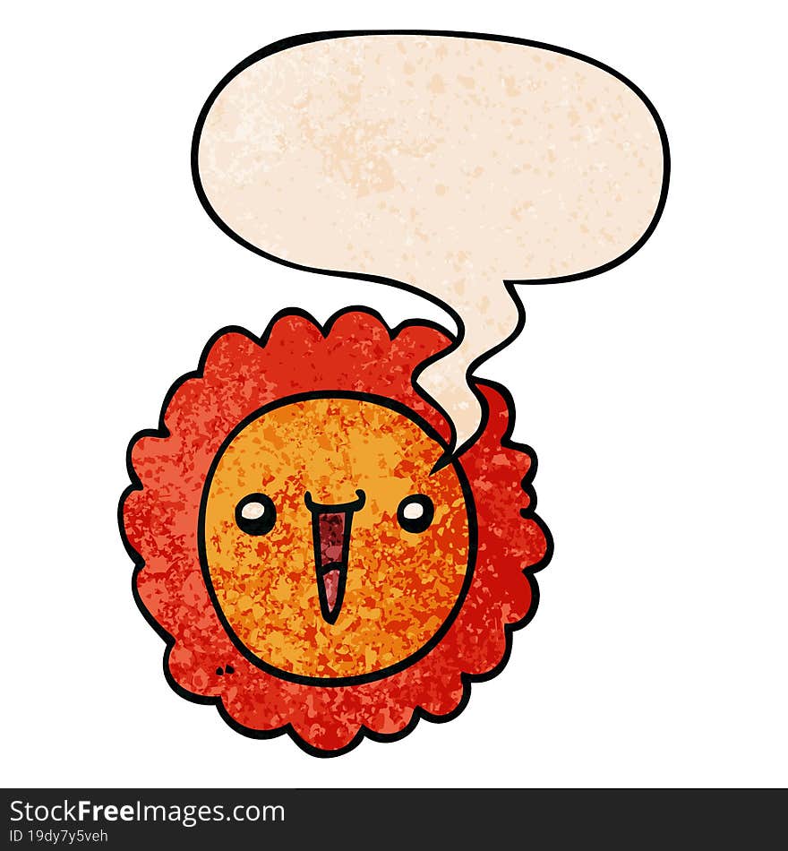 cartoon sunflower and speech bubble in retro texture style