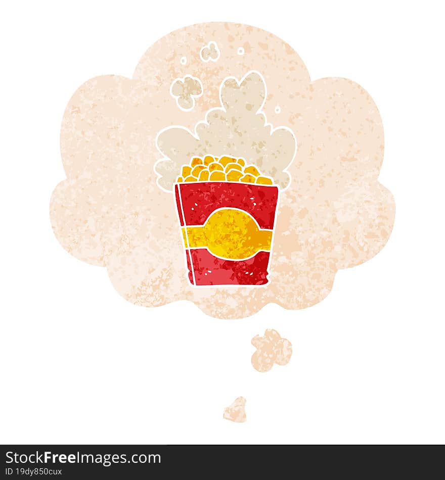 cartoon popcorn and thought bubble in retro textured style