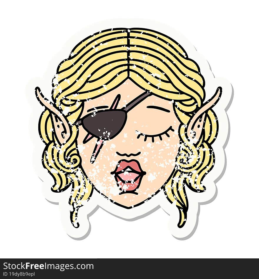 grunge sticker of a elf rogue character face. grunge sticker of a elf rogue character face