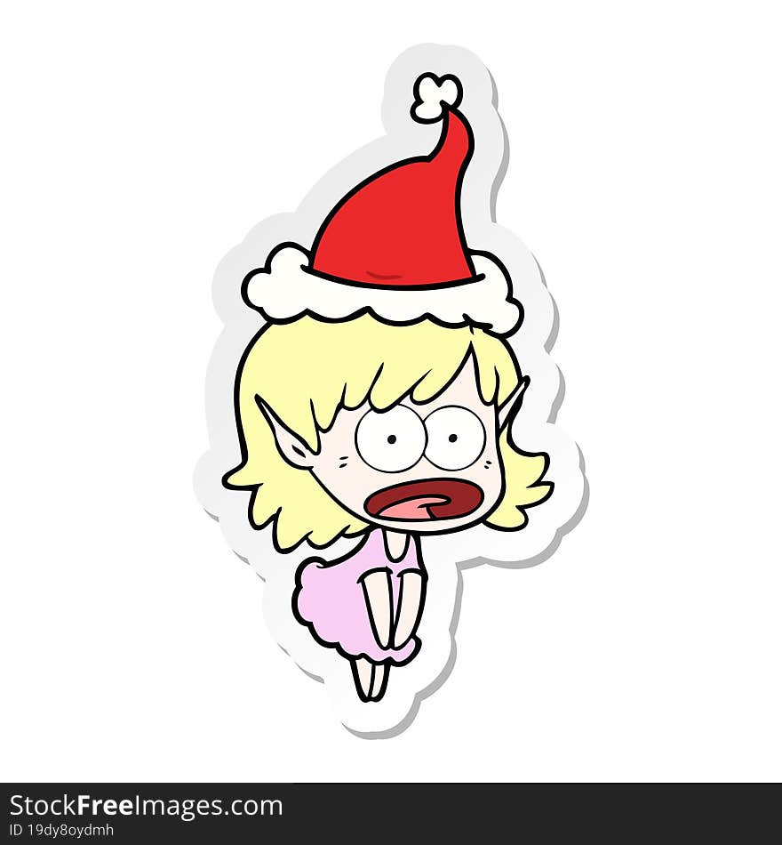 Sticker Cartoon Of A Shocked Elf Girl Wearing Santa Hat