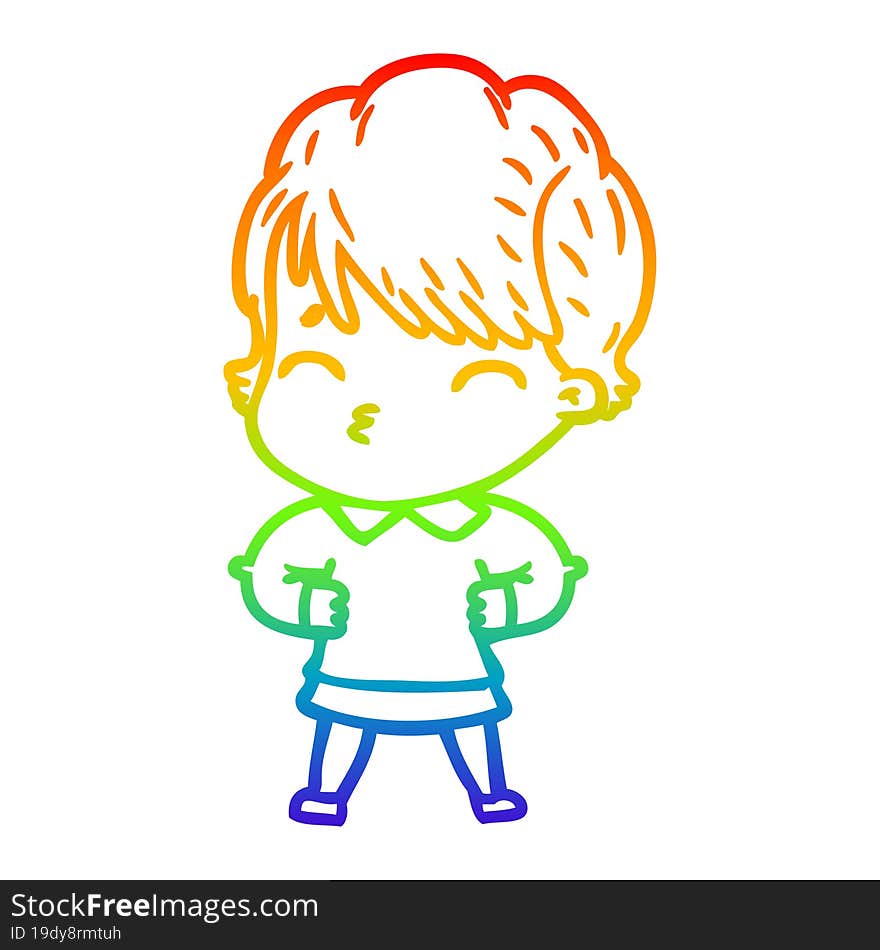 Rainbow Gradient Line Drawing Cartoon Woman Thinking