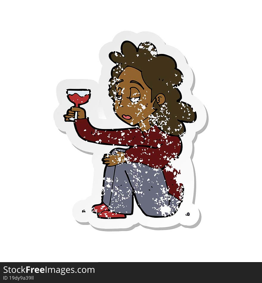 retro distressed sticker of a cartoon unhappy woman with glass of wine