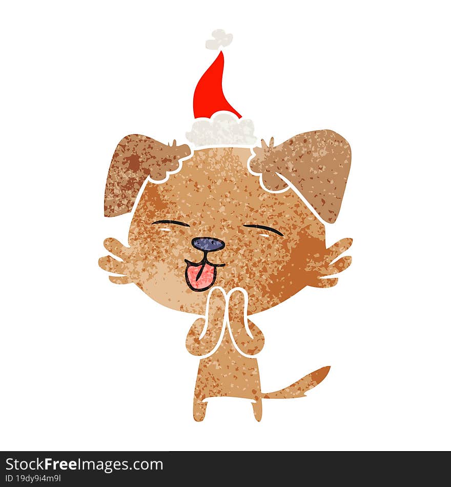 retro cartoon of a dog sticking out tongue wearing santa hat