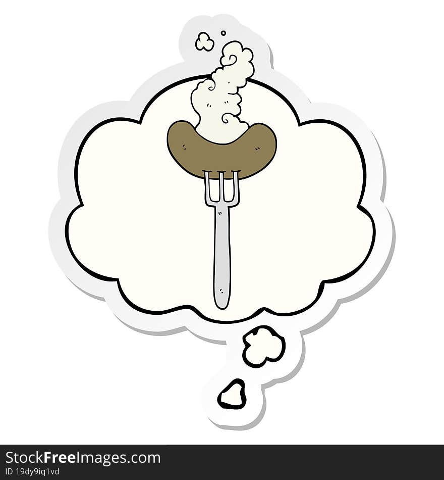 cartoon sausage on fork and thought bubble as a printed sticker