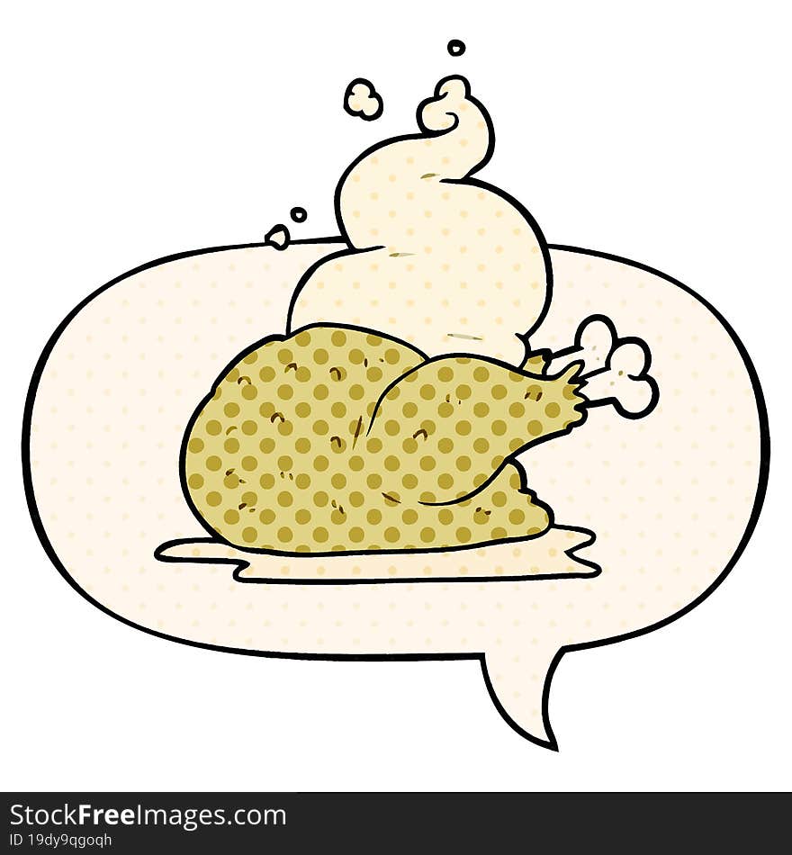 cartoon whole cooked chicken with speech bubble in comic book style