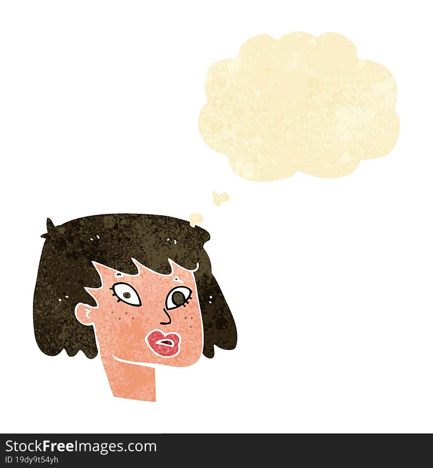 cartoon pretty female face with thought bubble