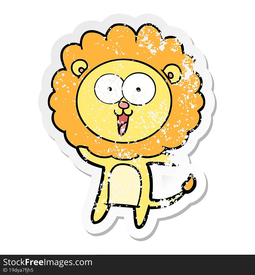 distressed sticker of a happy cartoon lion