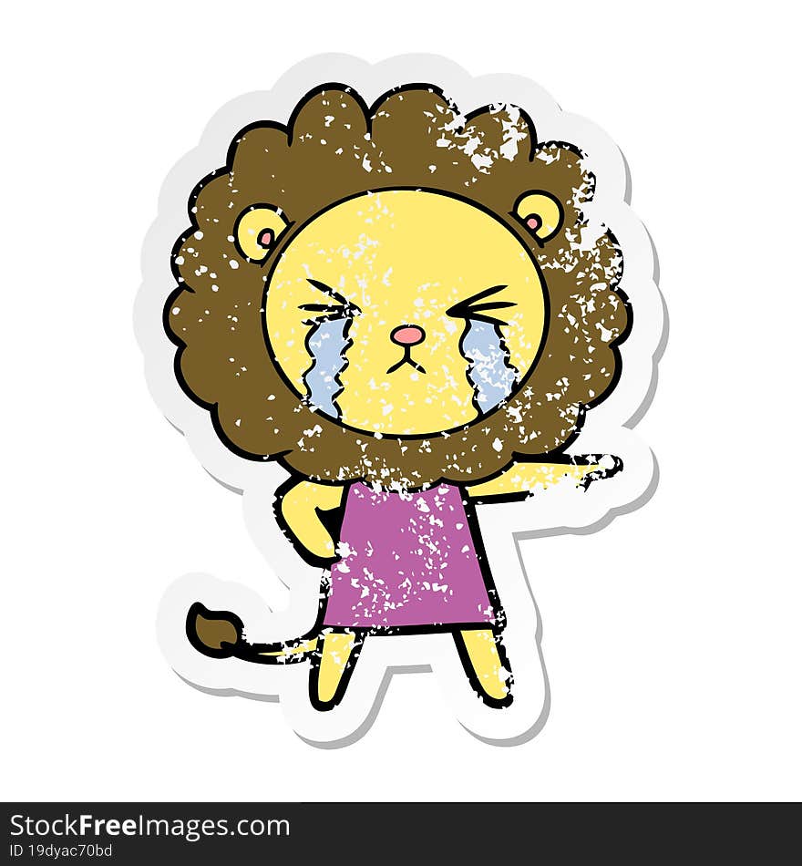 distressed sticker of a cartoon crying lion wearing dress