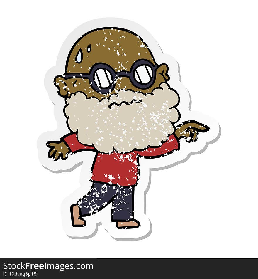 distressed sticker of a cartoon worried man with beard and spectacles pointing finger