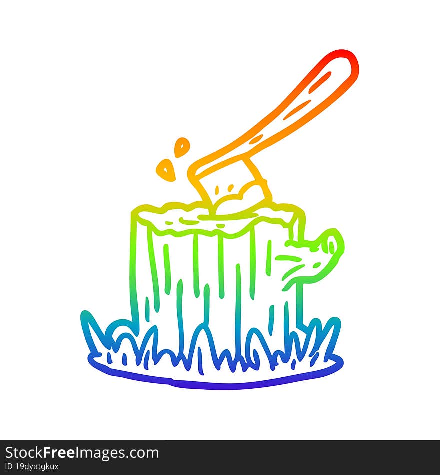 rainbow gradient line drawing axe stuck in tree stump