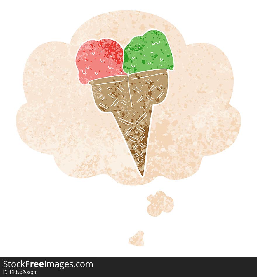 Cartoon Ice Cream And Thought Bubble In Retro Textured Style