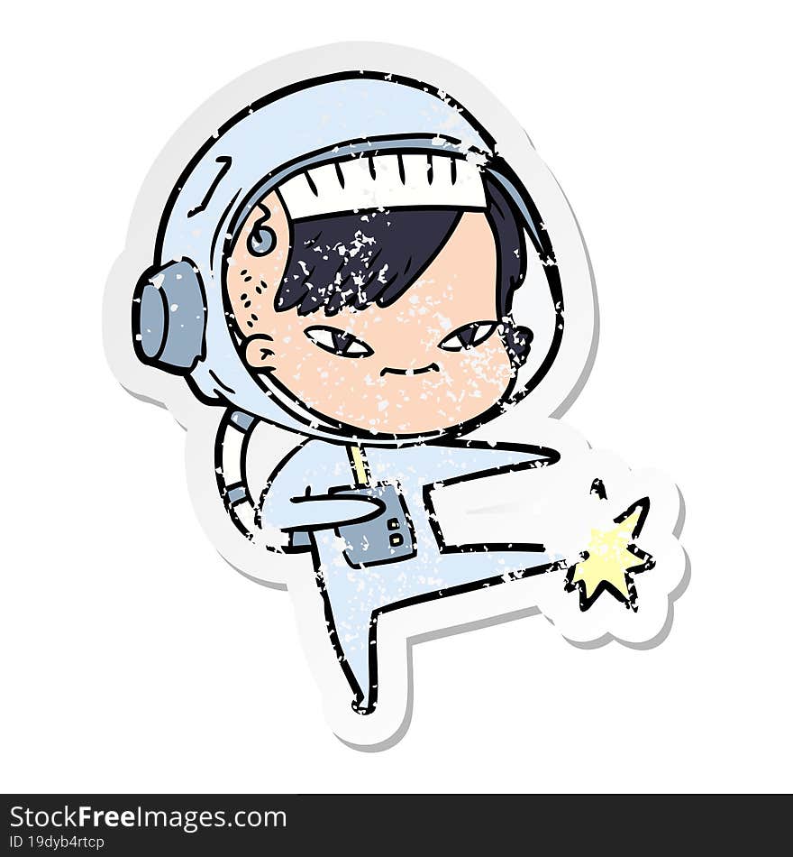 distressed sticker of a cartoon astronaut woman