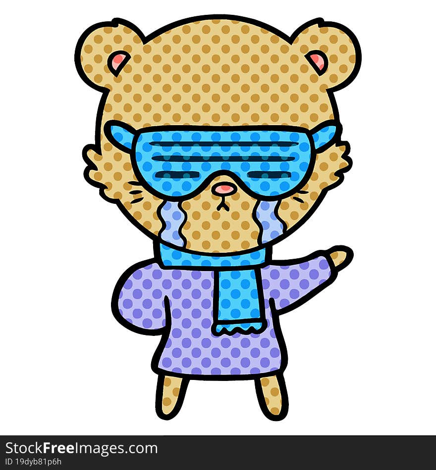 crying cartoon bear wearing rave sunglasses. crying cartoon bear wearing rave sunglasses