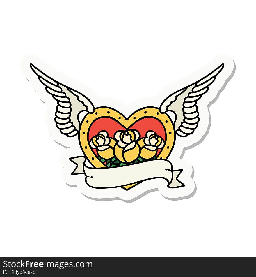 sticker of tattoo in traditional style of a flying heart with flowers and banner. sticker of tattoo in traditional style of a flying heart with flowers and banner