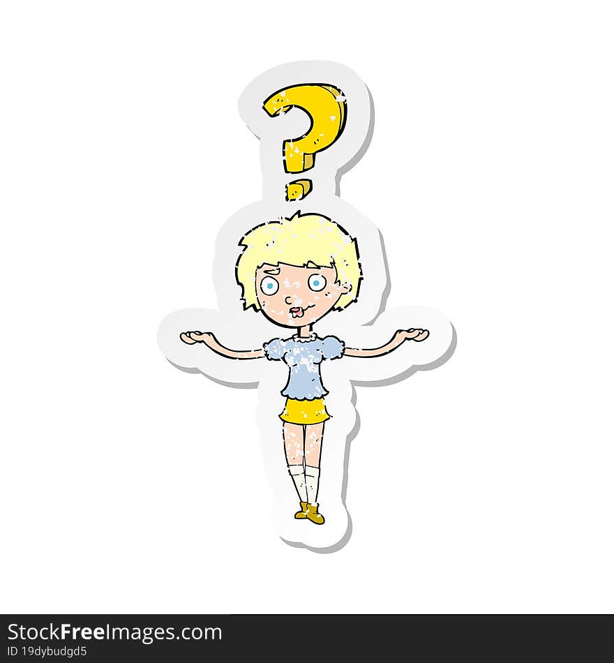 retro distressed sticker of a cartoon woman asking question