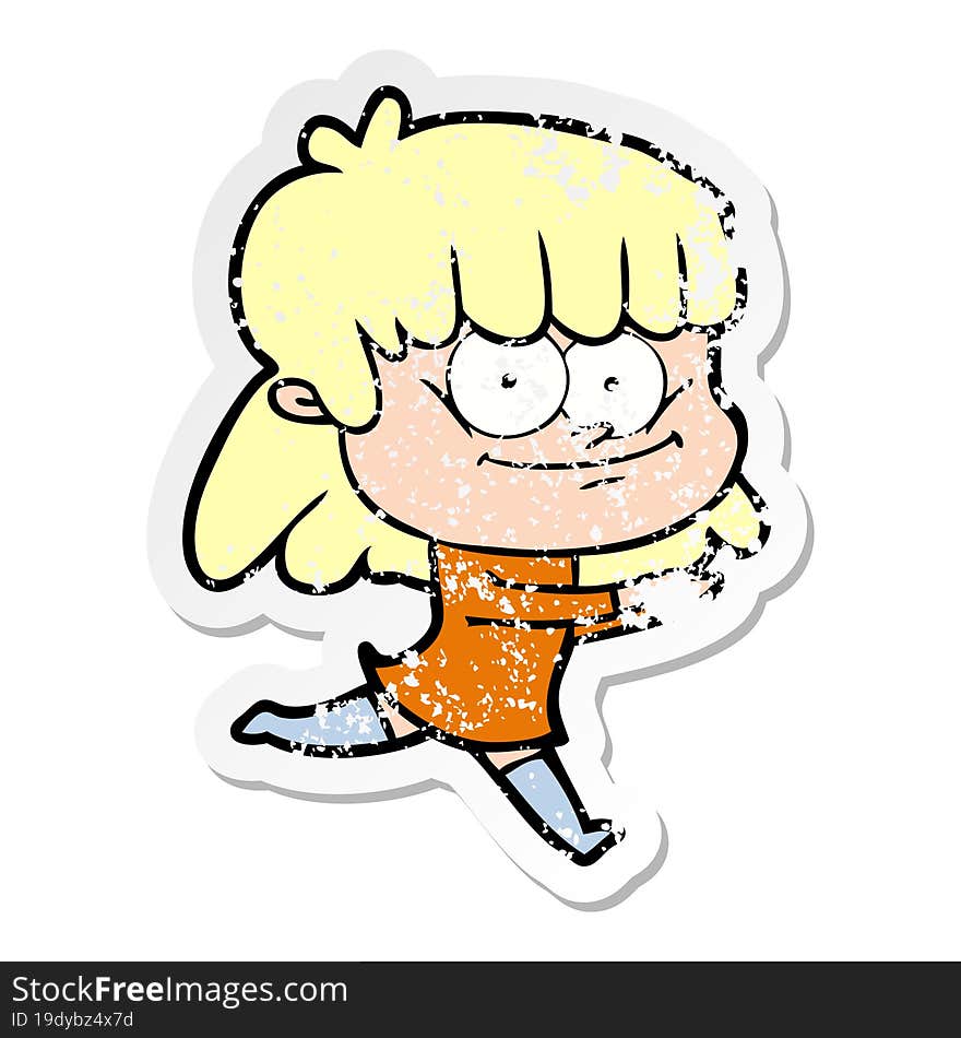 Distressed Sticker Of A Cartoon Smiling Woman